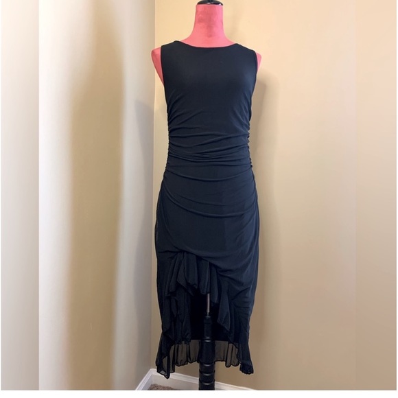 BLACK ASYMMETRICAL RUFFLE HEM RUCHED DRESS - Picture 4 of 13